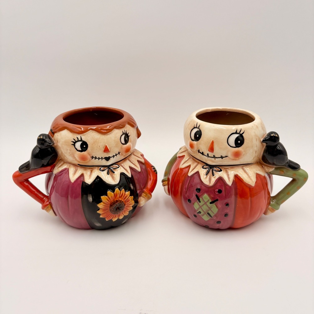 Johanna Parker Design Pumpkin People Mugs Set of 2 Crow Handle Fall Decor